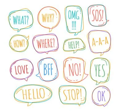 Set of different speech bubble in doodle style with text no, stop, ok, yes, l Stock Illustration