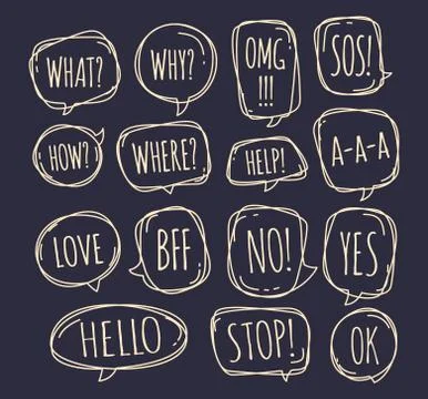 Set of different speech bubble in doodle style with text no, stop, ok, yes, l Stock Illustration