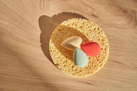 A set of different sponges: small colored ones and a large natural sponge. Stock Photos