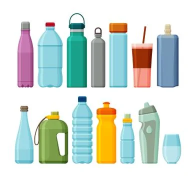 Set of different sport and plastic water bottles isolated on white Stock Illustration