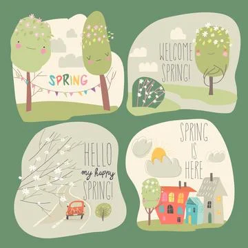 Set of different spring landscape with funny cartoon trees Stock Illustration