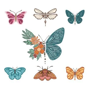 Set of different spring solar butterflies moth, Stock Illustration