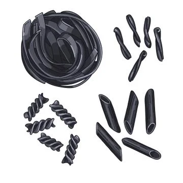 Set of different squid ink pasta types: fettuccine, casarecce, fusilli and penne Stock Illustration