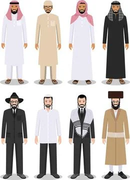 Set of different standing arab and jewish men in the traditional clothing Illustrazione stock
