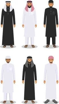 Set of different standing arab men in the traditional muslim arabic clothing Illustrazione stock