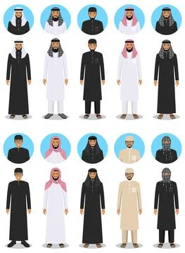 Set of different standing arab men in the traditional muslim arabic clothing Stock Illustration
