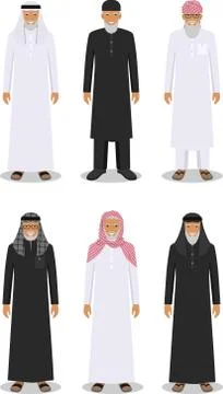Set of different standing arab old men in the traditional muslim arabic clothing Illustrazione stock