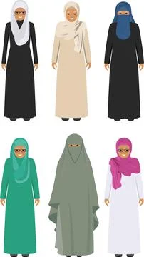 Set of different standing arab old women in the traditional arabic clothing Stock Illustration