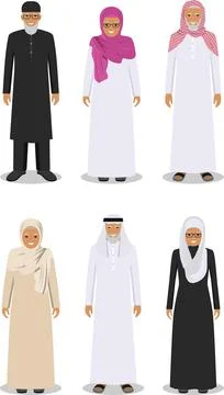 Set of different standing arab old people in the traditional muslim clothing Illustrazione stock