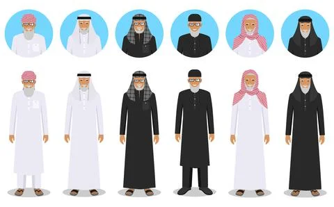 Set of different standing arab old men in the traditional muslim clothing Stock Illustration