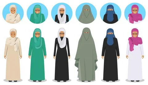 Set of different standing arab old women in the traditional muslim clothing Stock Illustration