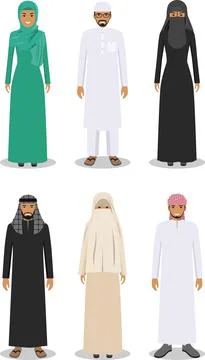 Set of different standing arab people in the traditional muslim clothing Stock Illustration
