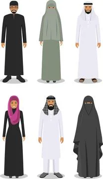 Set of different standing arab people in the traditional muslim clothing Stock Illustration