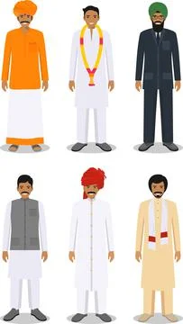 Set of different standing indian men in the traditional clothing Stock Illustration