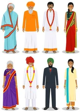 Set of different standing indian old and young adult people in the traditional Stock Illustration