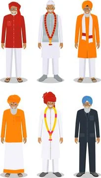 Set of different standing indian old men in the traditional clothing Illustrazione stock
