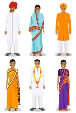 Set of different standing indian young adult women and men in the traditional Illustrazione stock