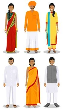Set of different standing indian young adult women and men in the traditional Stock Illustration