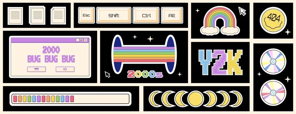 Set of different stickers, open computer windows, buttons in 2000s aesthetic Stock Illustration