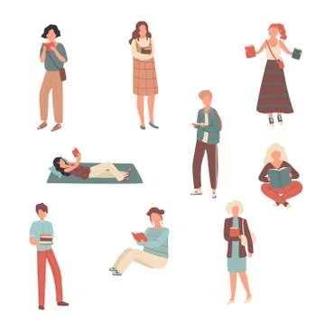 Set of different students people that preparing for final exams 스톡 일러스트