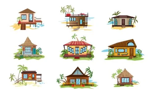 Set of different styles of bungalows on shore vector illustration Ilustração Stock