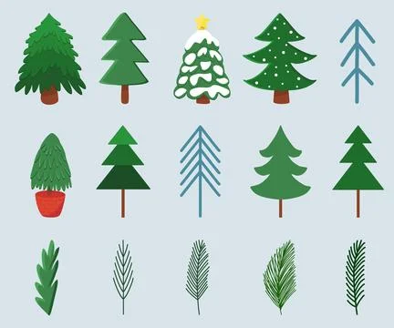 Set of different styles Christmas trees, pine and branches, winter holidays Stock-Illustration