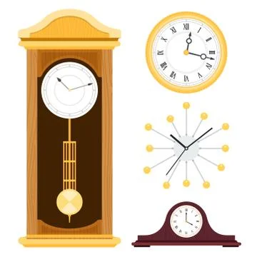 Set different styles of clocks for interior decoration vector icons in flat Stock Illustration