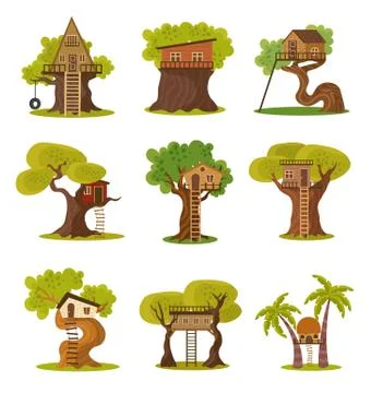 Set of different styles of houses on trees vector illustration Ilustração Stock