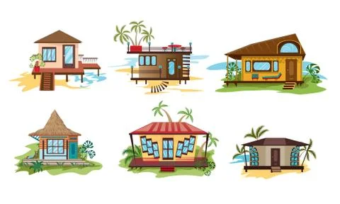 Set of different styles villa on the ocean beach in paradise. Vector Stock Illustration