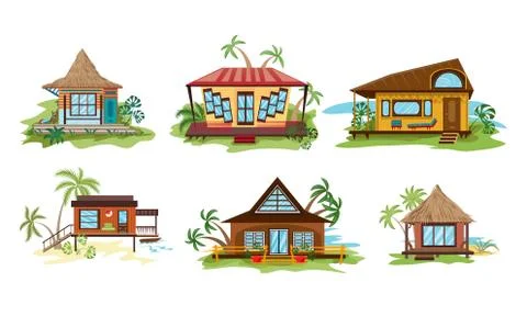 Set of different styles villa on the ocean beach in paradise. Vector Illustrazione stock
