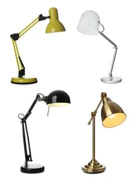 Set with different stylish table lamps on white background Foto stock