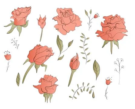 Set with different stylized roses Stock Illustration