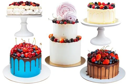 Set of different summer cakes decorated with fresh berries Stock Photos