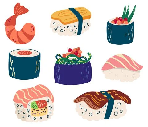 Set of different sushi and rolls. Sushi with tuna, salmon, eel, shrimp, veget Stock Illustration