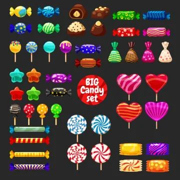 Set of different sweets on black background hard candies dragee jelly beans Stock Illustration