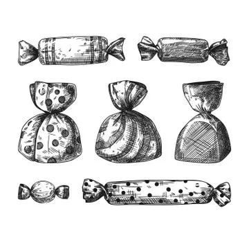 Set of different sweets in a wrapper isolated on a white background. Sketch Stock Illustration