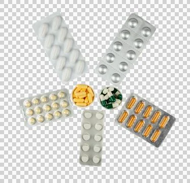 Set of different tablets, pills and capsules on transparent background Stock Photos