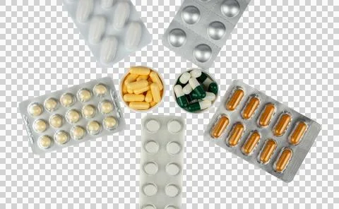 Set of different tablets, pills and capsules on transparent background Stock Photos