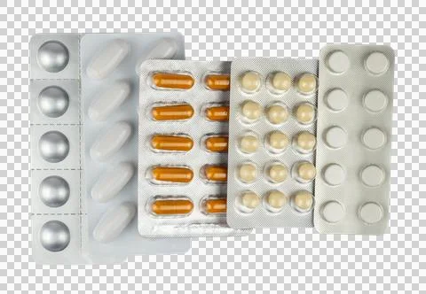 Set of different tablets, pills and capsules on transparent background Stock Photos