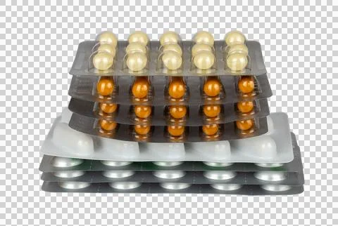 Set of different tablets, pills and capsules in blister packages on transpa.. Stock Photos