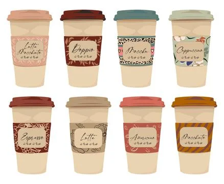 Set of different takeaway coffee cups - espresso, cappuccino, americano, latte. Stock Illustration