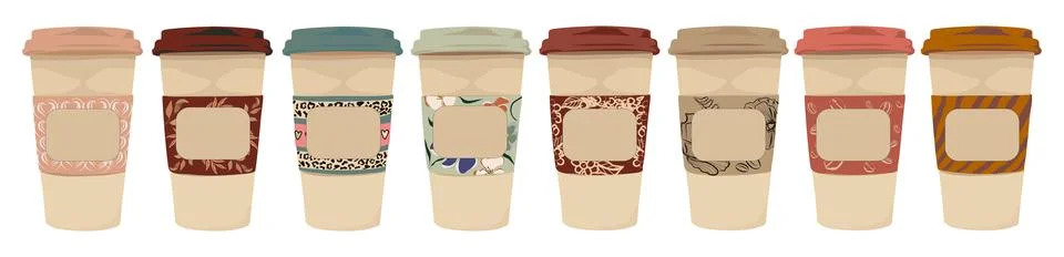 Set of different takeaway coffee cups vector label Stock Illustration