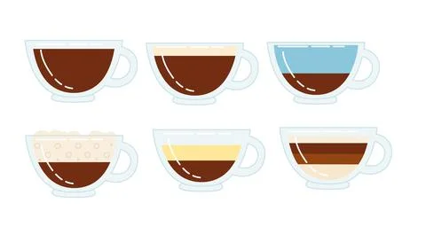 Set of different taste coffee in transparent glass cup vector illustration on Stock Illustration