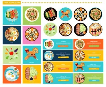 Set of Different Tasty Dishes Flat Stock Illustration