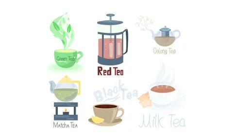 Set of different tea types and tea supplements. Vector illustration in flat 스톡 일러스트