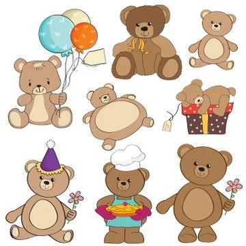 Set of different teddy bears items for design in vector format Stock Illustration