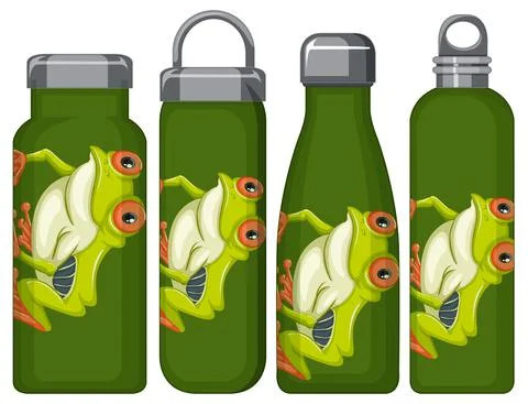 Set of different thermos bottles with frog pattern Illustrazione stock