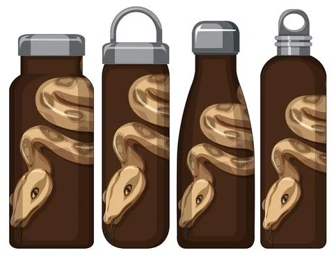 Set of different thermos bottles with snake pattern Illustrazione stock