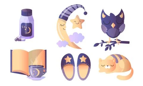 Set of different things in thematic of healthy sweet sleep. Vector illustration イラスト素材