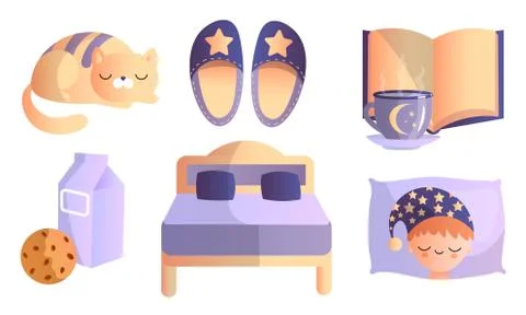 Set of different things in thematic of healthy sweet sleep. Vector illustration Stock Illustration